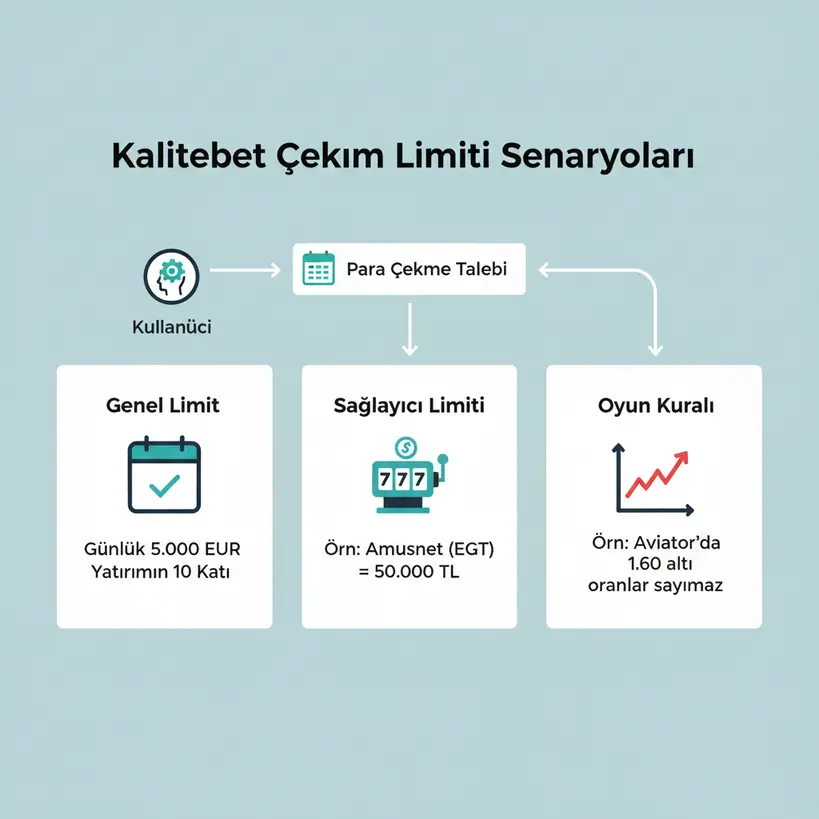 Kalitebet'in genel, sağlayıcıya özel ve oyun bazlı finansal çekim limitlerini açıklayan senaryo infografiği.
