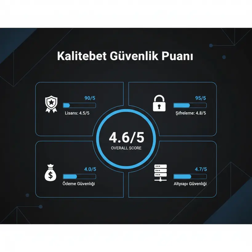 Kalitebet'in güvenlik puanını gösteren infografik: Lisanslama 5/5, Hesap Güvenliği 4.5/5, Finansal Güvenlik 4.3/5, Teknoloji 4.5/5.