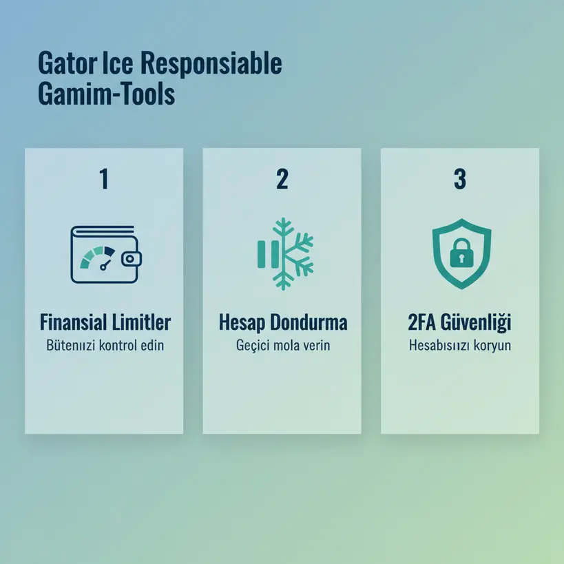 Kalitebet'in sunduğu sorumlu oyun araçlarını gösteren infografik: Finansal Limitler, Hesap Dondurma ve 2FA Güvenliği.