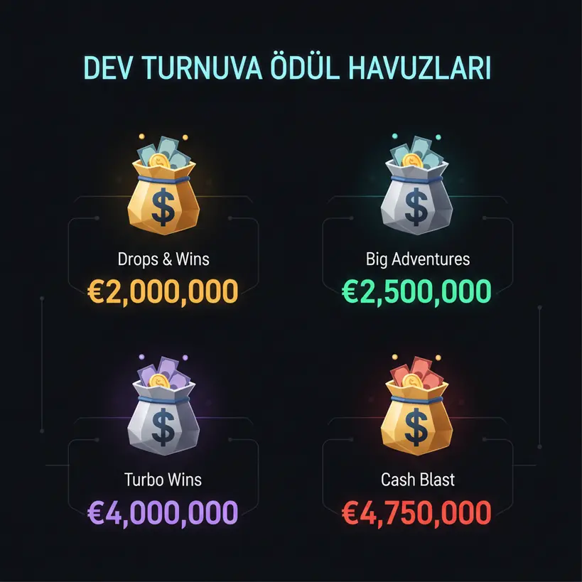 Kalitebet'in Pragmatic Play, Playson ve Aviatrix gibi sağlayıcıların sponsor olduğu milyonlarca Euro'luk casino turnuvalarının ödül havuzlarını gösteren infografik.