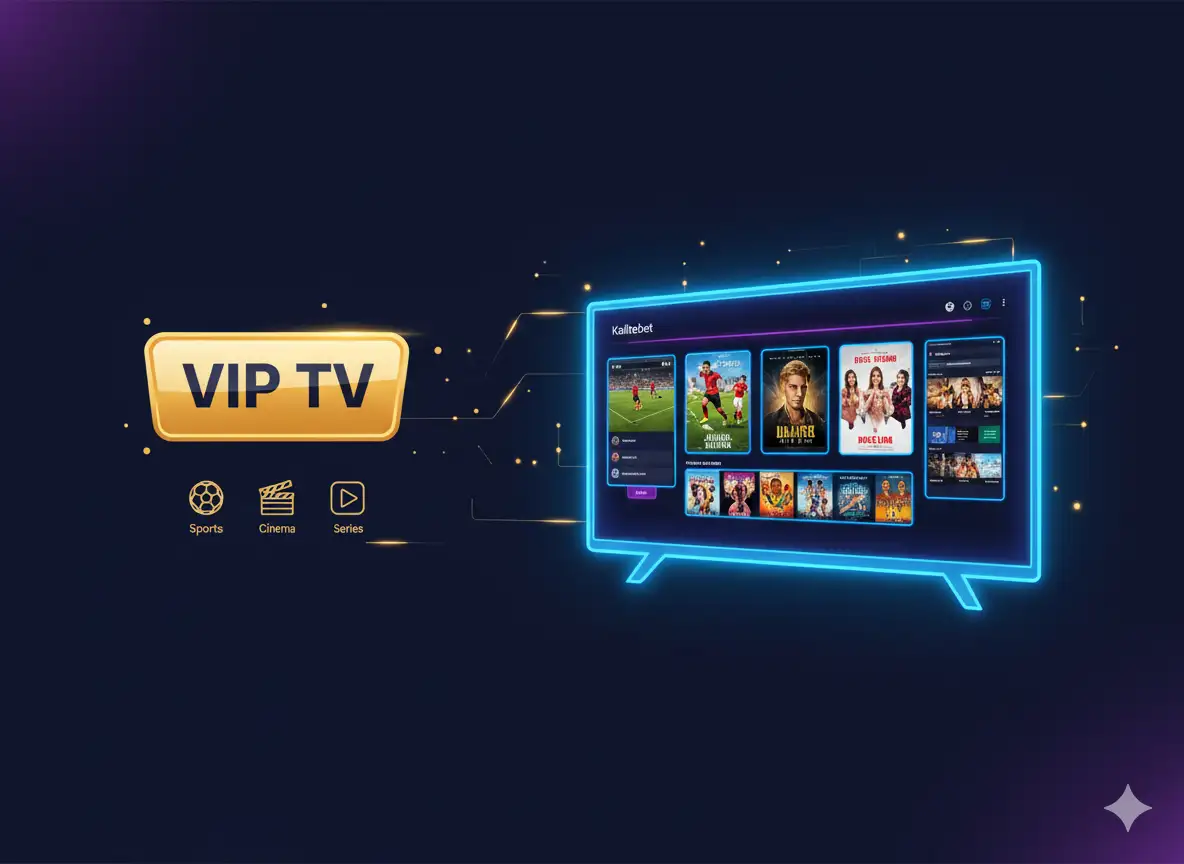 Kalitebet VIP TV hizmetinin Netflix, BeinSports ve canlı maç yayınlarını içeren eğlence paketini gösteren görsel.