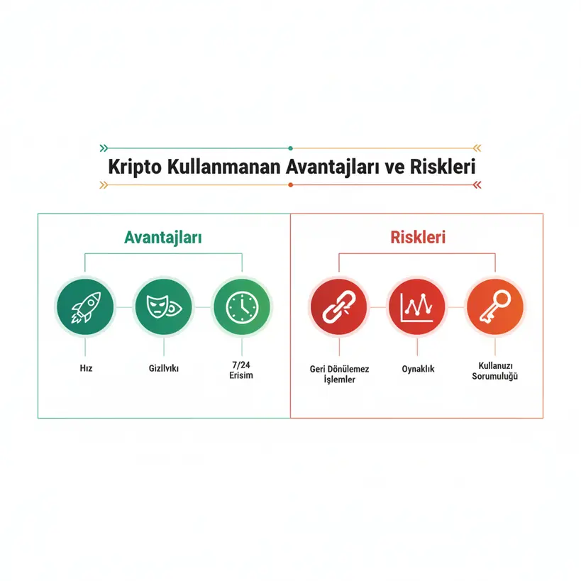 Kripto para kullanmanın avantajlarını ve risklerini gösteren karşılaştırma infografiği.