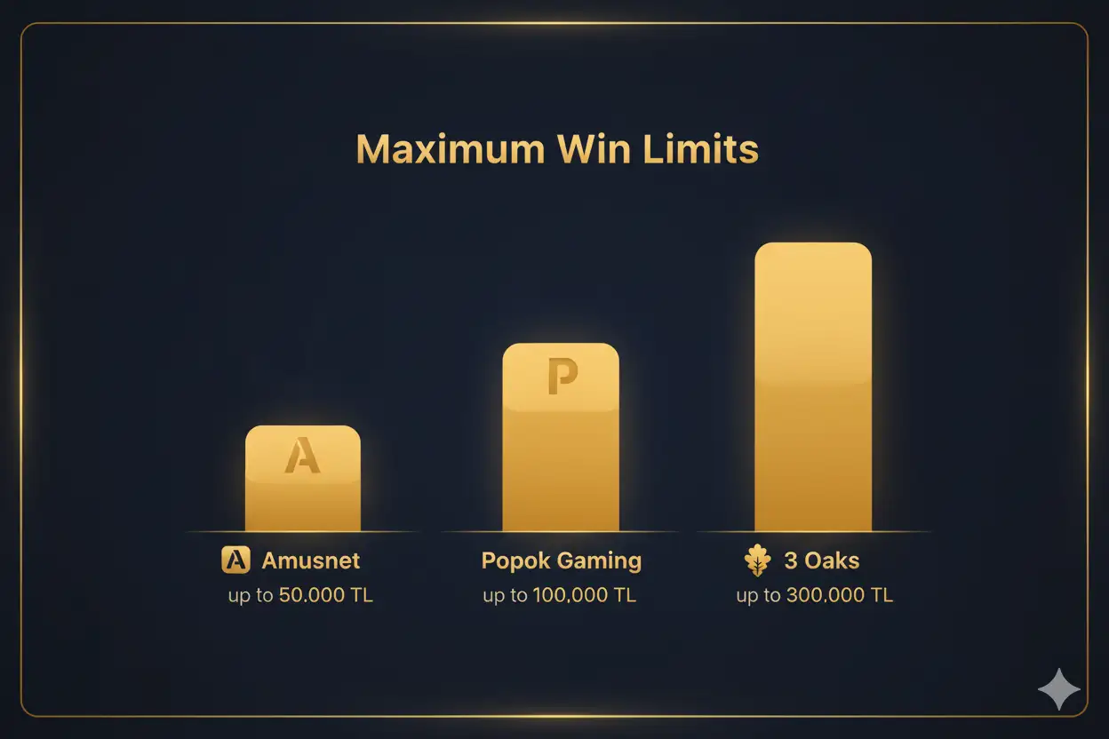 Amusnet, Popok Gaming ve 3 Oaks oyun sağlayıcılarının Kalitebet'teki maksimum kazanç limitlerini karşılaştıran tablo.