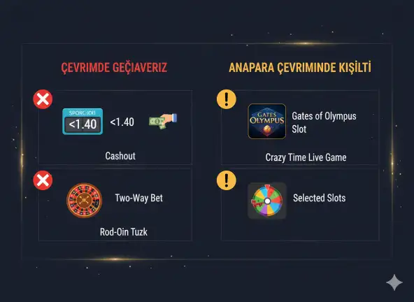 Kalitebet bonus çevriminde geçerli ve geçersiz olan oyunları ve bahis türlerini karşılaştıran görsel.